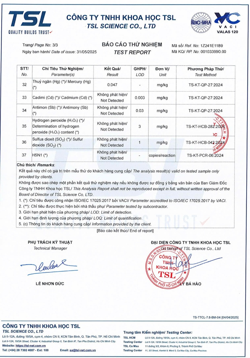 Giới thiệu về Yến Sào Vạn Xuân 5 Giấy kiểm định chất lượng sản phẩm yến sào