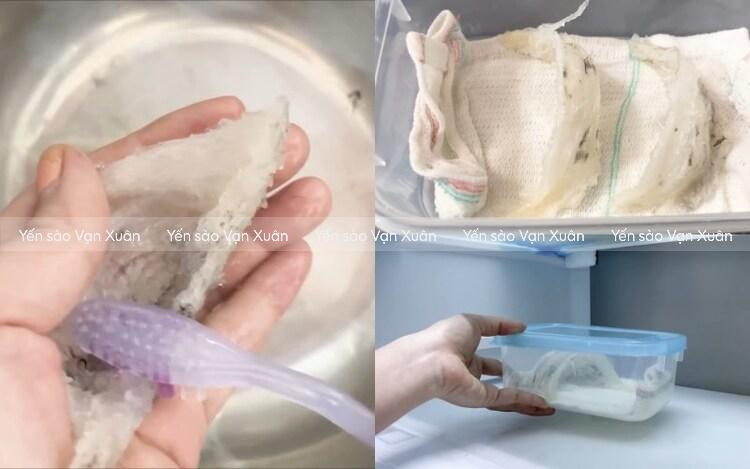 Cách nhặt lông yến bằng phương pháp ủ lạnh, giữ trọn dưỡng chất 12 Cho yến vào hộp kín có cuốn khăn ẩm rồi để vào ngăn mát tủ lạnh